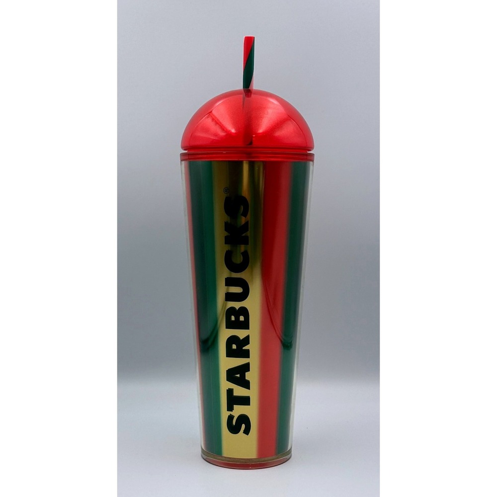 Starbucks 24oz‎ Holiday Tumbler Red Green Gold Dome Lid Straw